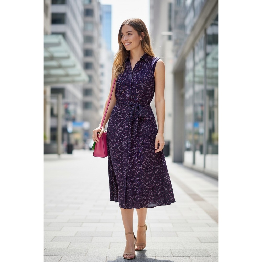 EUC Nicole Miller New York Navy Red Polka Dot Sleeveless Button Down Midi Dress